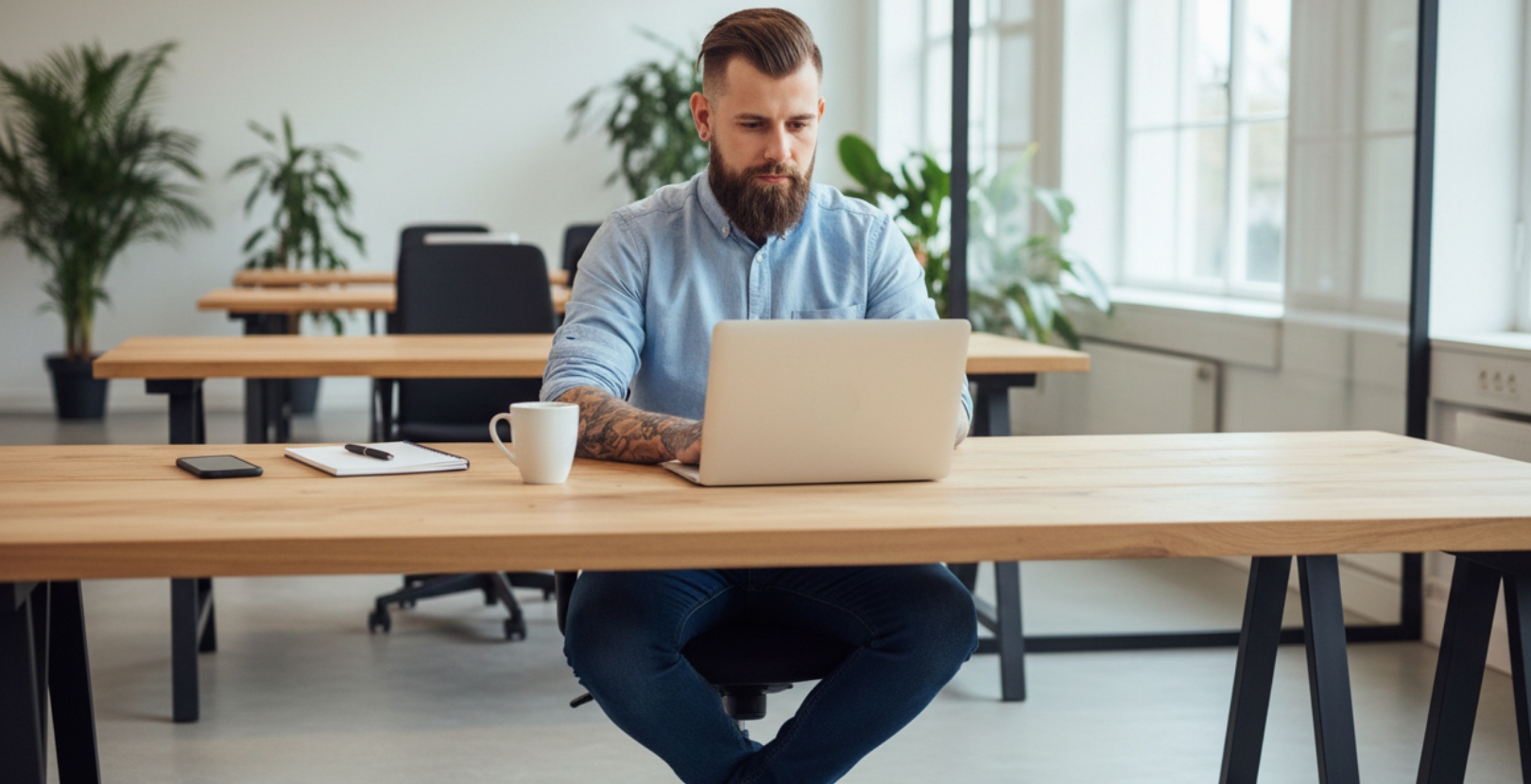 Ontwikkelaar werkt geconcentreerd aan een custom WordPress website in kantoorruimte