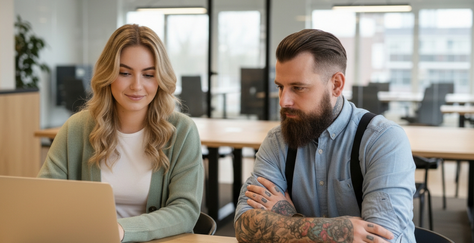 Designer en developer bekijken WordPress template versus maatwerk oplossing op laptop