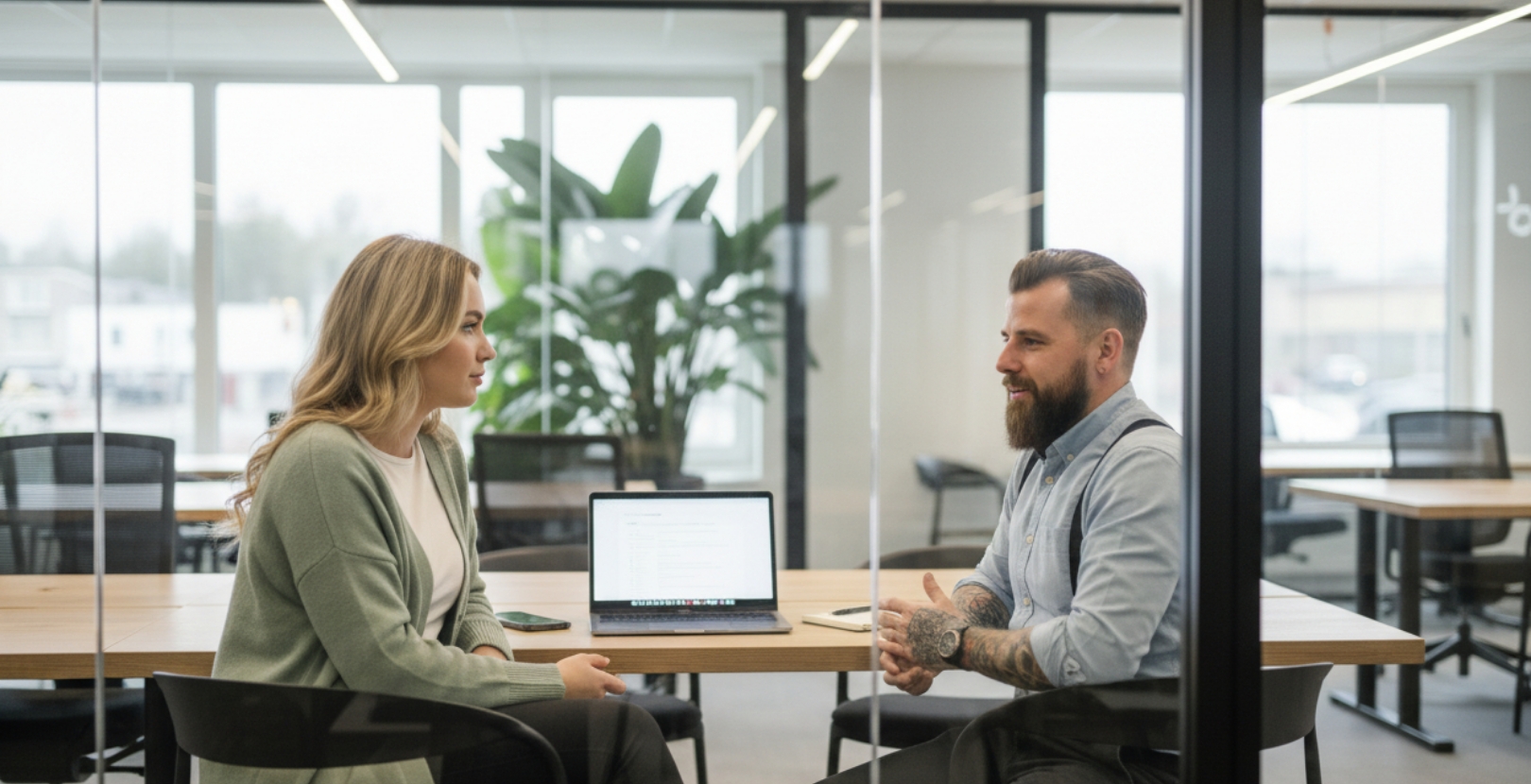 Overleg in vergaderruimte over WordPress website op maat en projectplanning