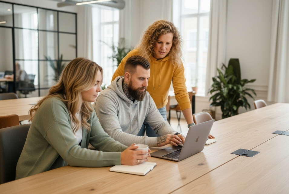 Drie collega’s werken aan laptop bij keuze tussen WordPress template en maatwerk website