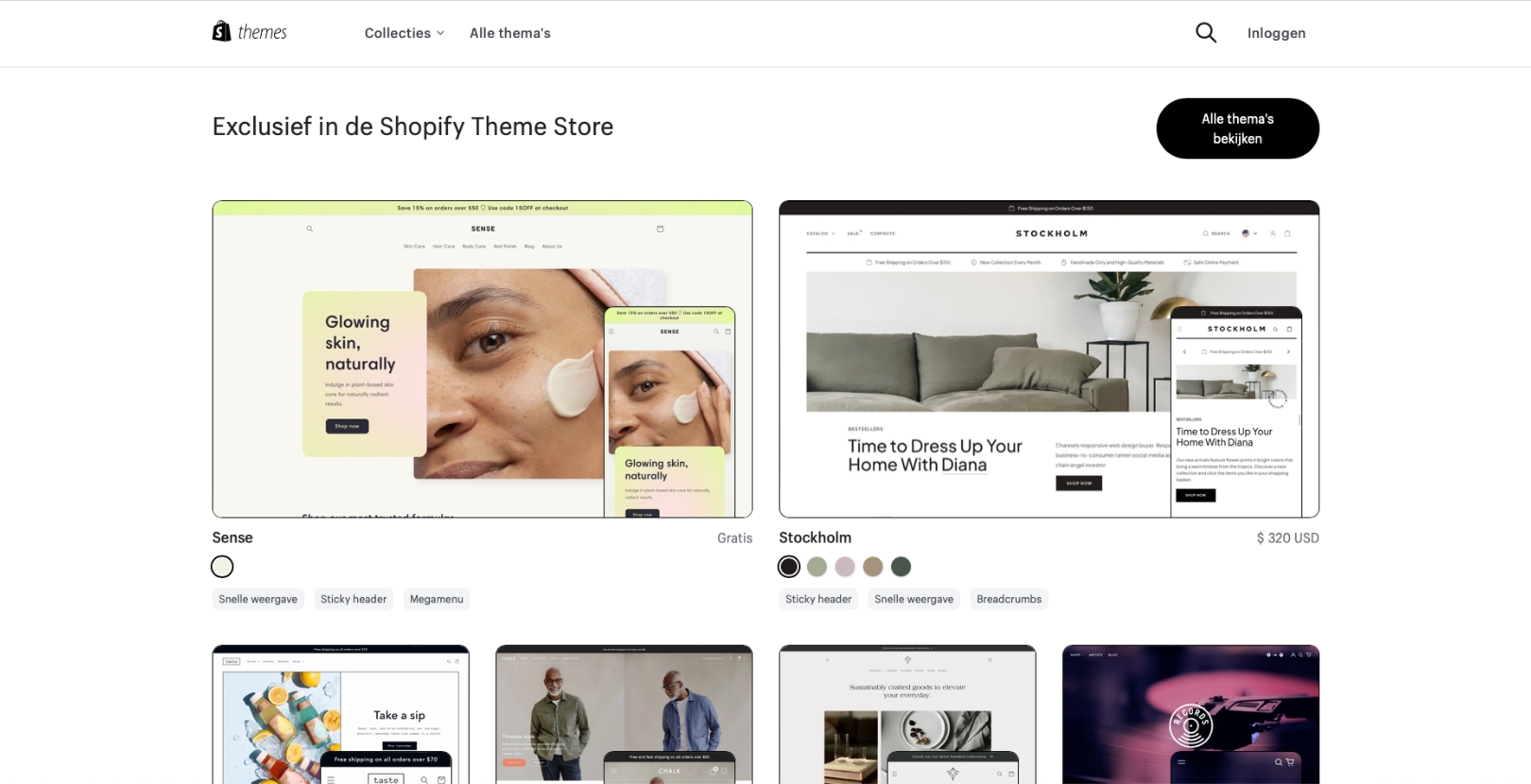 Overzicht van Shopify themes in de Shopify Theme Store voor een Shopify webshop