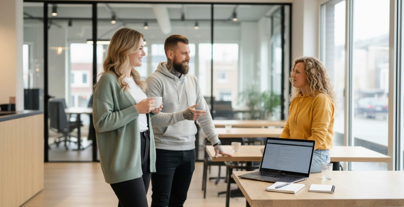 Team bespreekt opties voor een Shopify webshop laten bouwen in kantooromgeving
