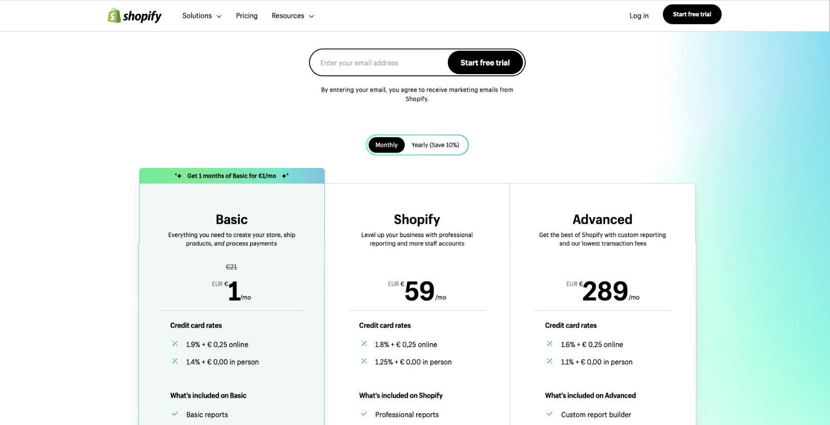 Shopify pricing pagina met abonnementen voor het starten van een Shopify webshop