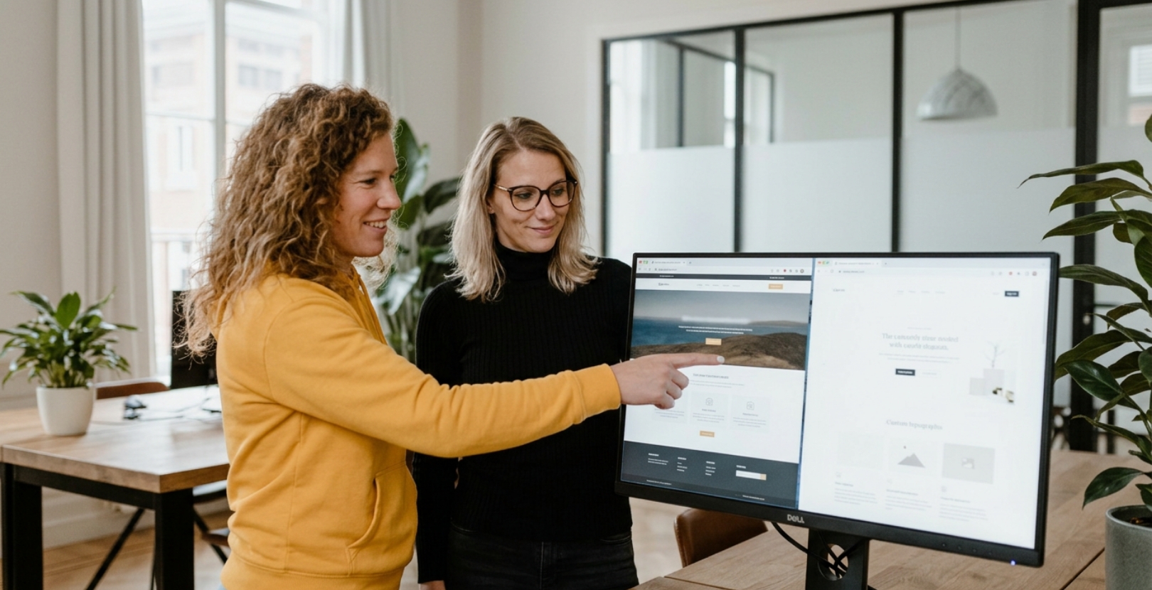 Team vergelijkt template website met maatwerk website op scherm bij bespreking over website kosten