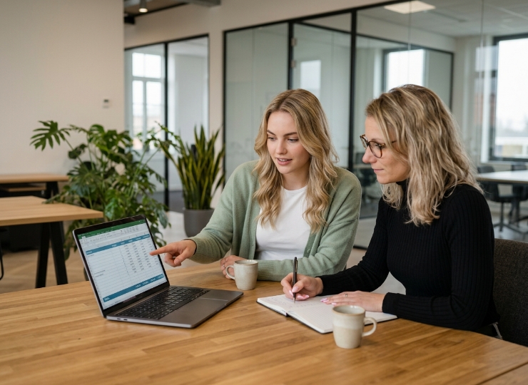 Twee collega's bespreken website laten maken kosten bij laptop met prijsoverzicht op scherm