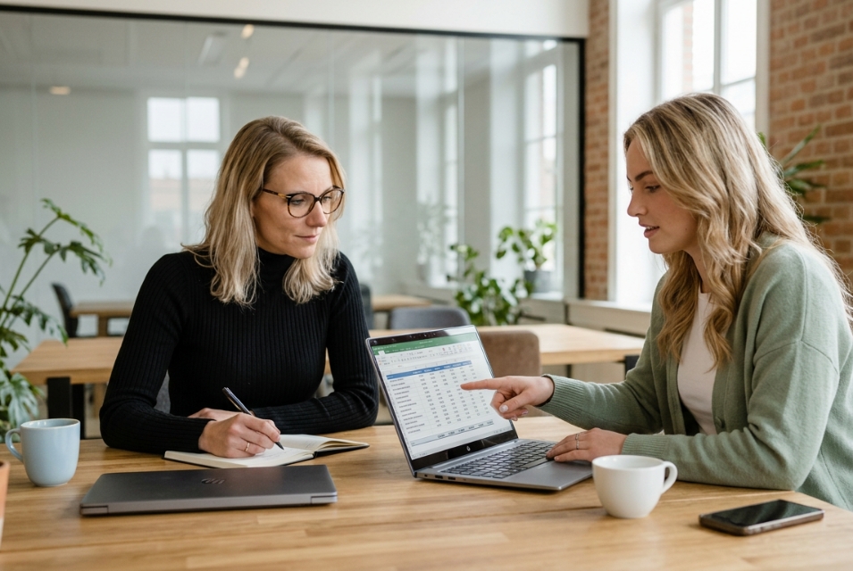 Twee collega's bespreken website laten maken kosten bij laptop met prijsoverzicht op scherm