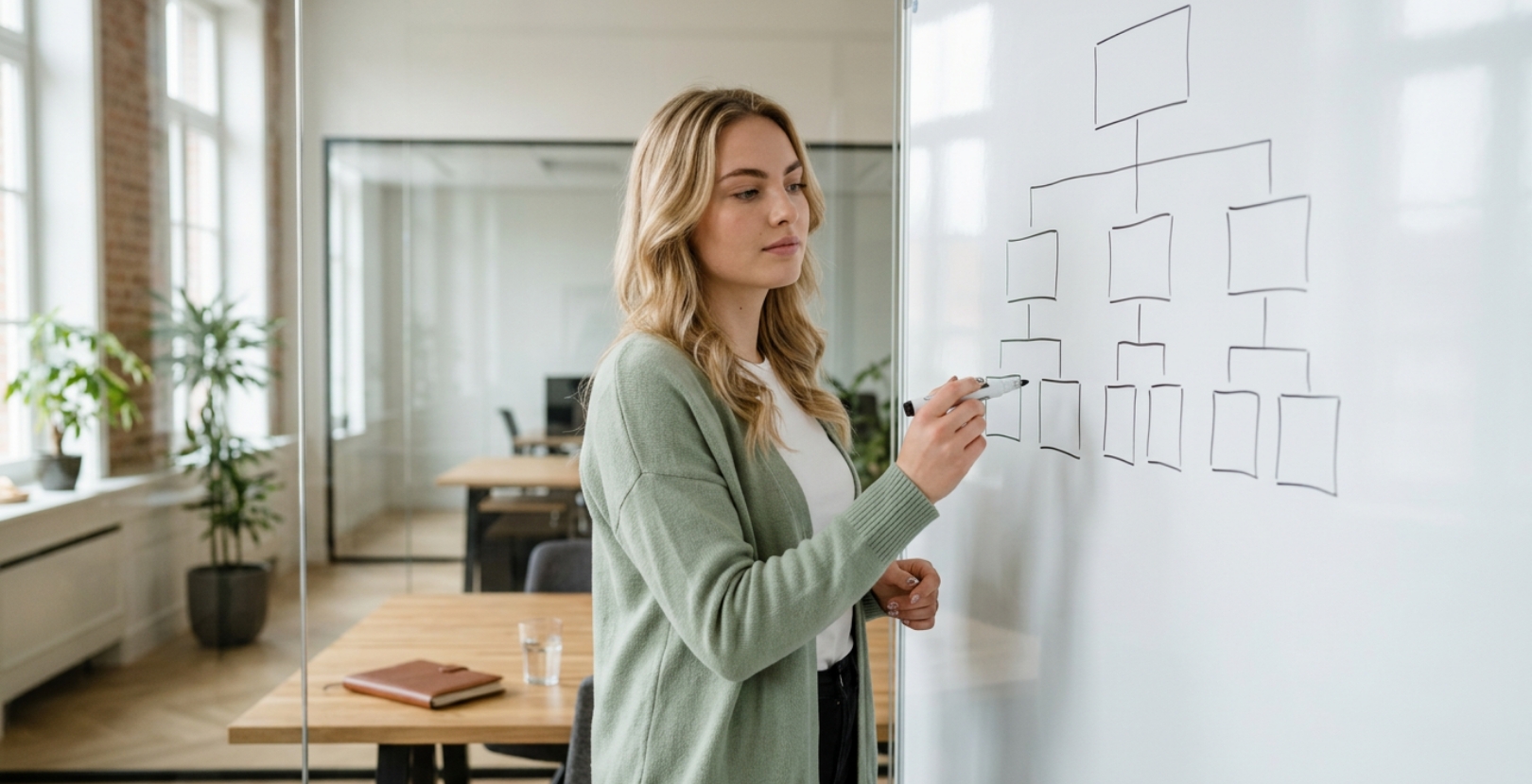 Projectmanager tekent website architectuur op whiteboard bij bespreking over kosten website laten maken