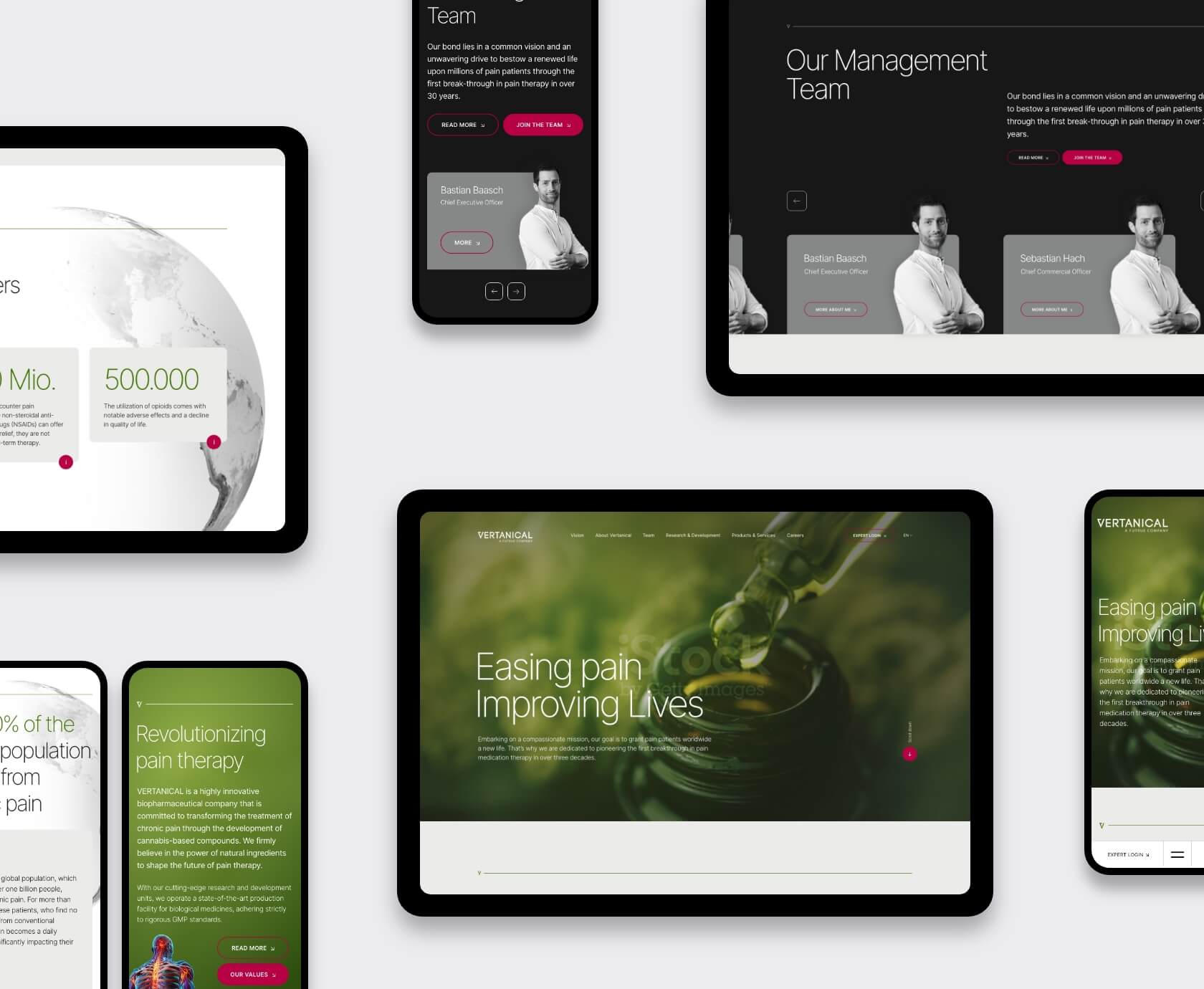 Collage of desktop and mobile mock-ups of the Vertanical pharmaceutical WordPress site