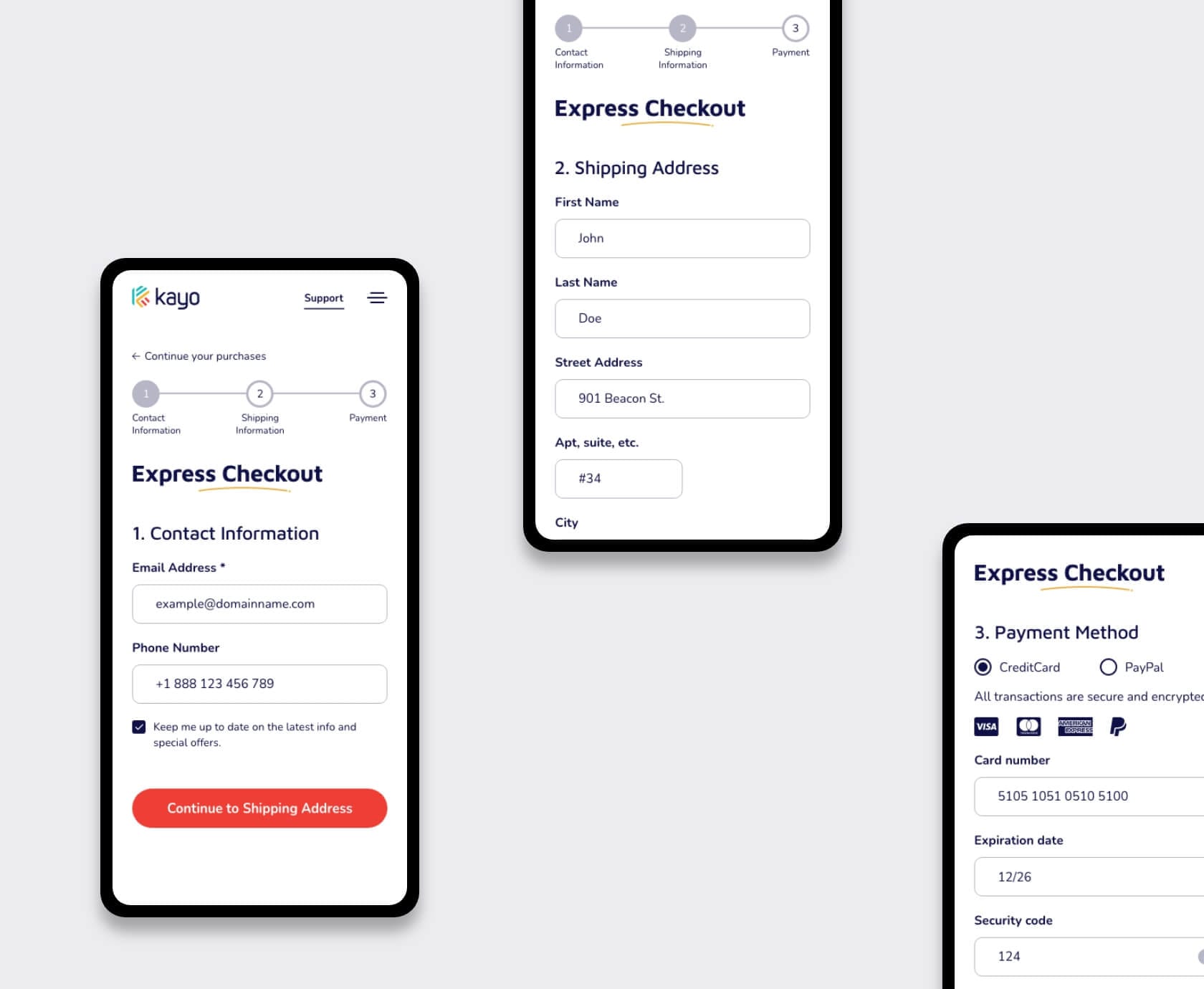 Mobile display of design-system components and iconography for the Kayo app