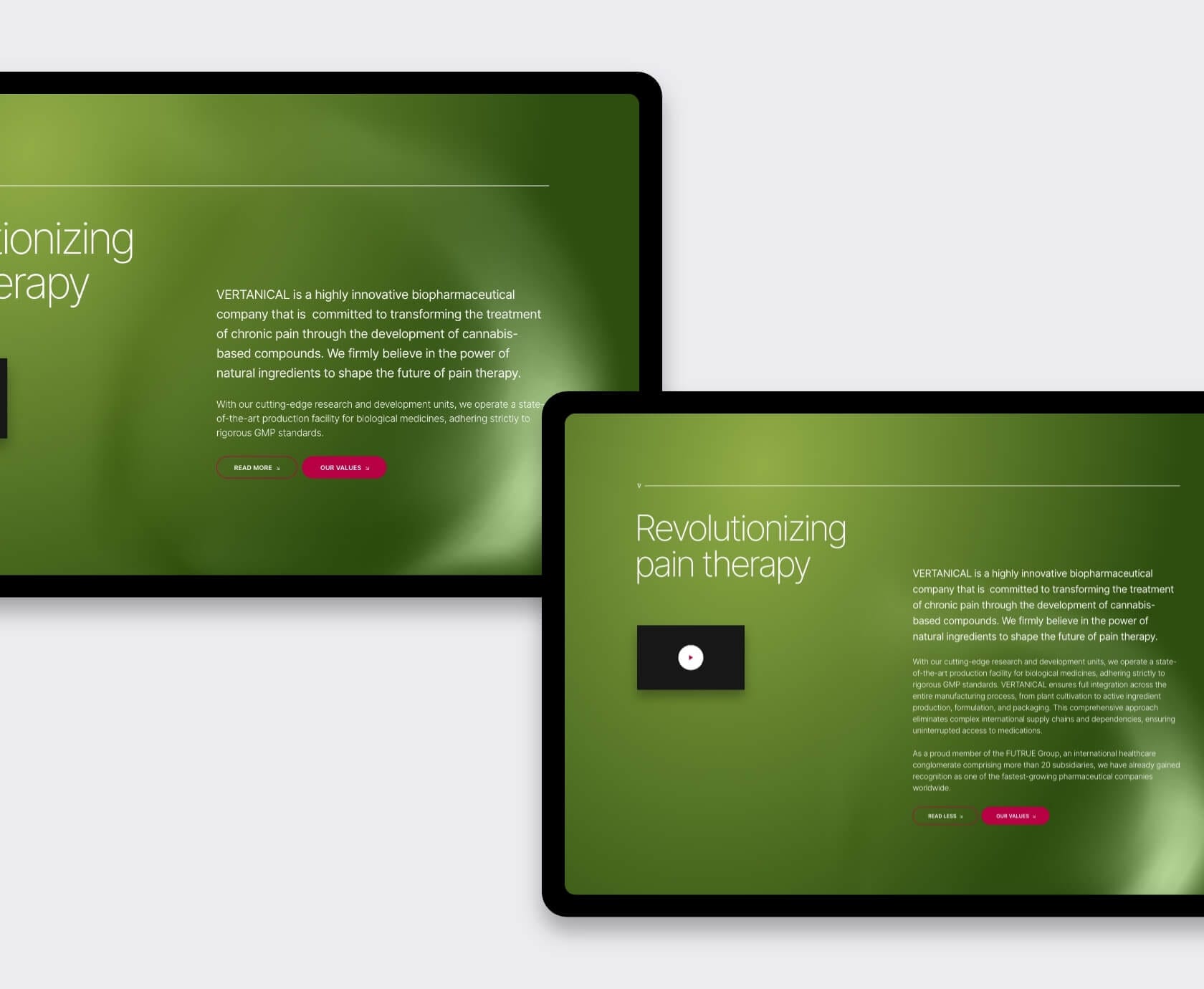 Mobile screen showing contact page and responsive one-pager layout