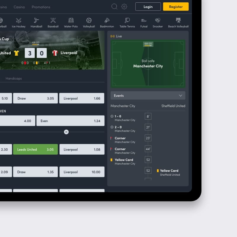 Tablet preview of VL Court 3D animation showing a live football court with event markers