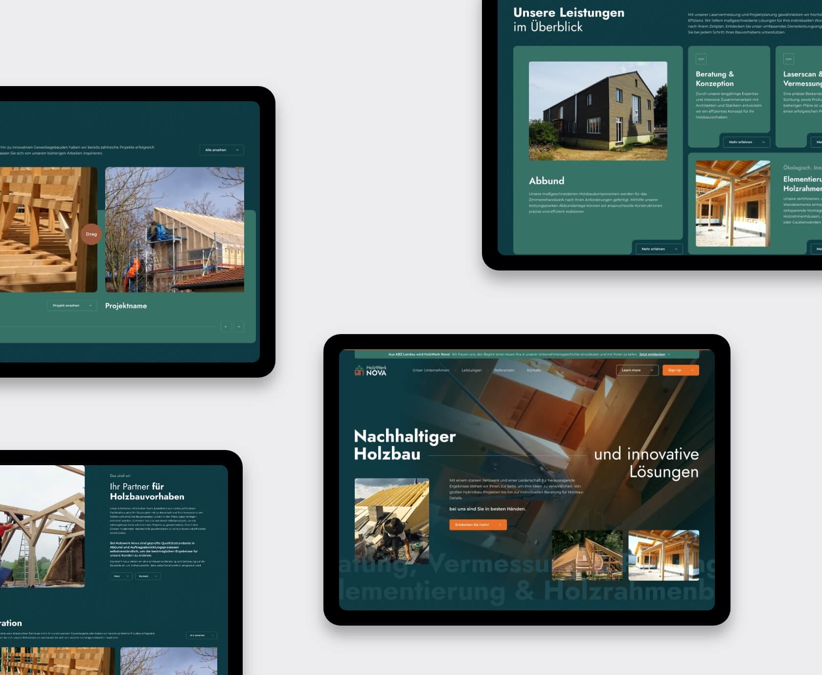 Collage of tablet mock-ups displaying multiple Holzwerk Nova website screens on a light background