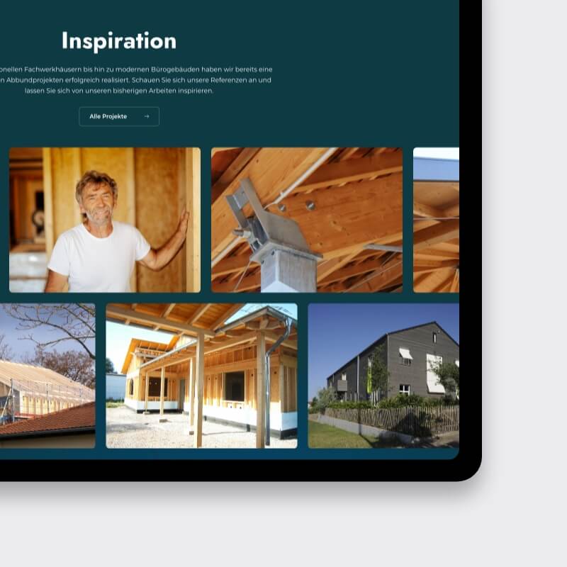 Inspiration gallery grid featuring timber projects and builder portrait on dark-teal background