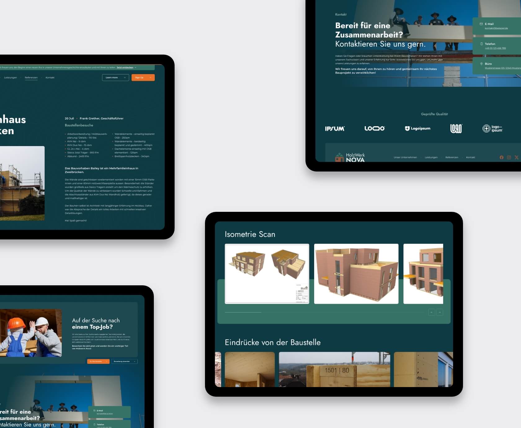 Multiple tablet mock-ups displaying project detail and isometric scan screens of the Holzwerk Nova website