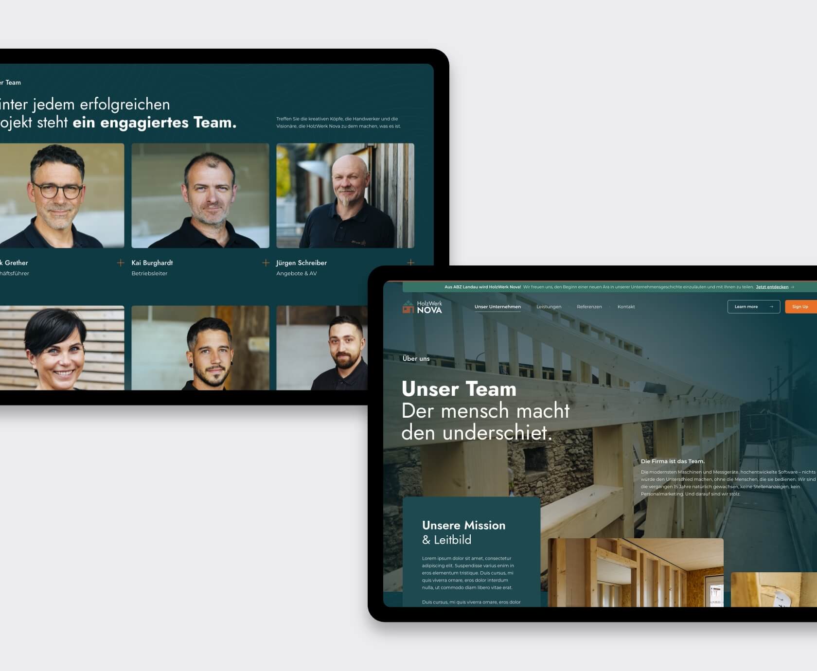 Team page mock-ups with staff portraits and hero banner introducing the Holzwerk Nova team