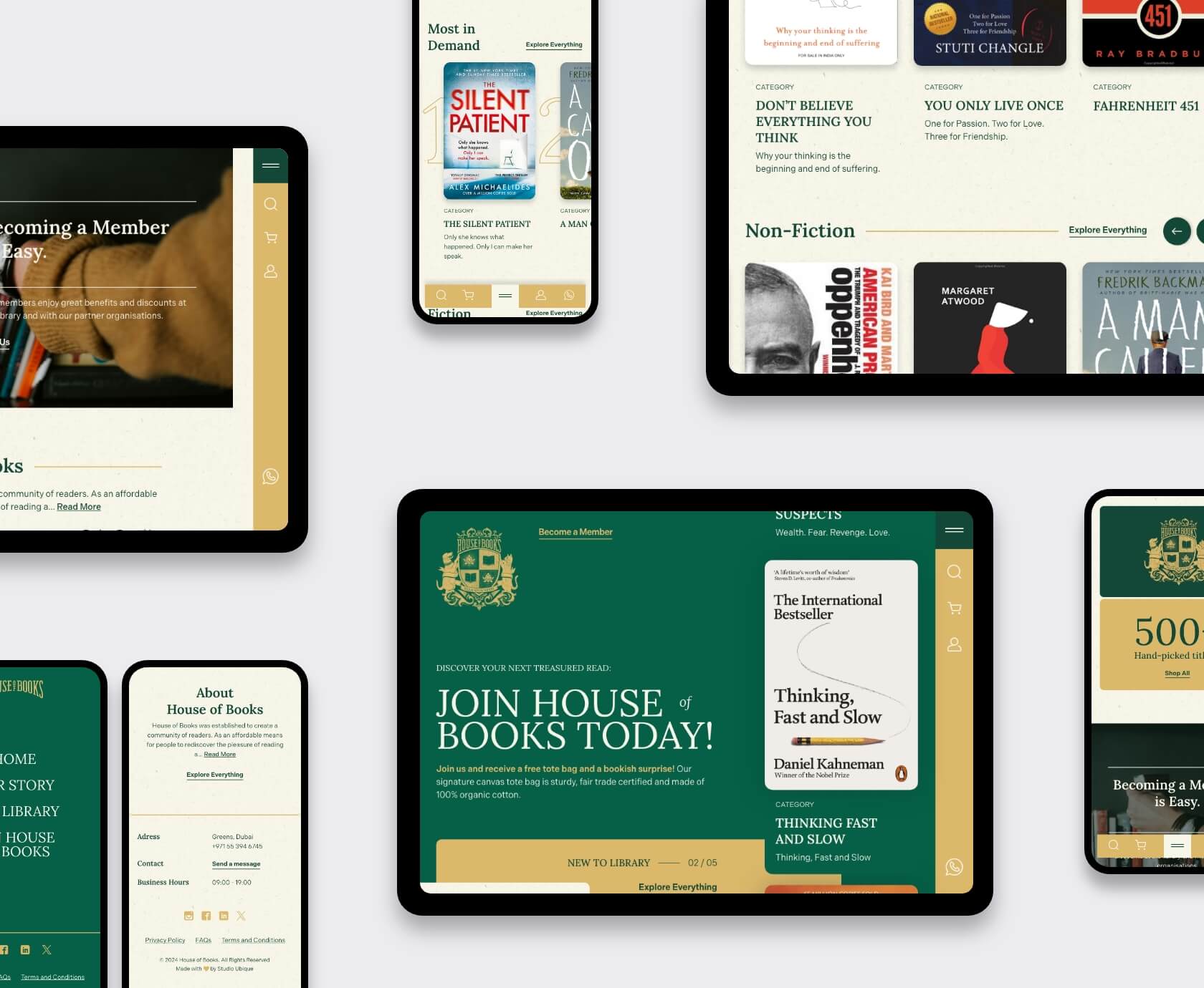 Collage of tablet and phone mock-ups showing the House of Books subscription website interface