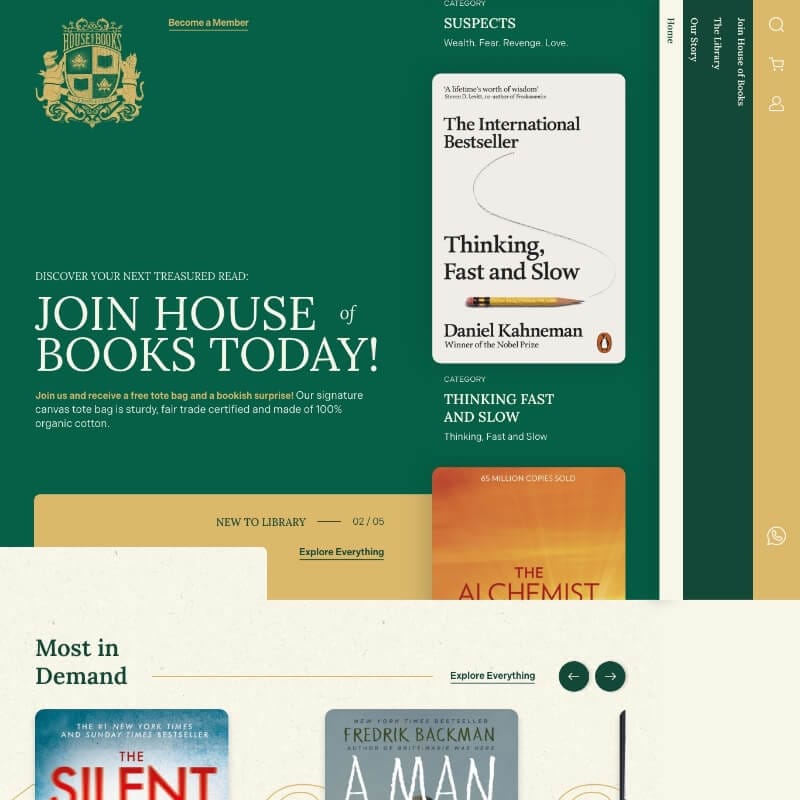 Tablet hero section of the House of Books homepage with green branding and featured bestseller
