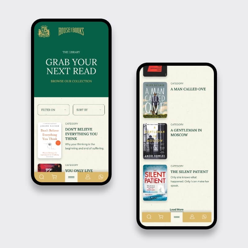 Two mobile library screens displaying book list, filters and navigation on the House of Books site