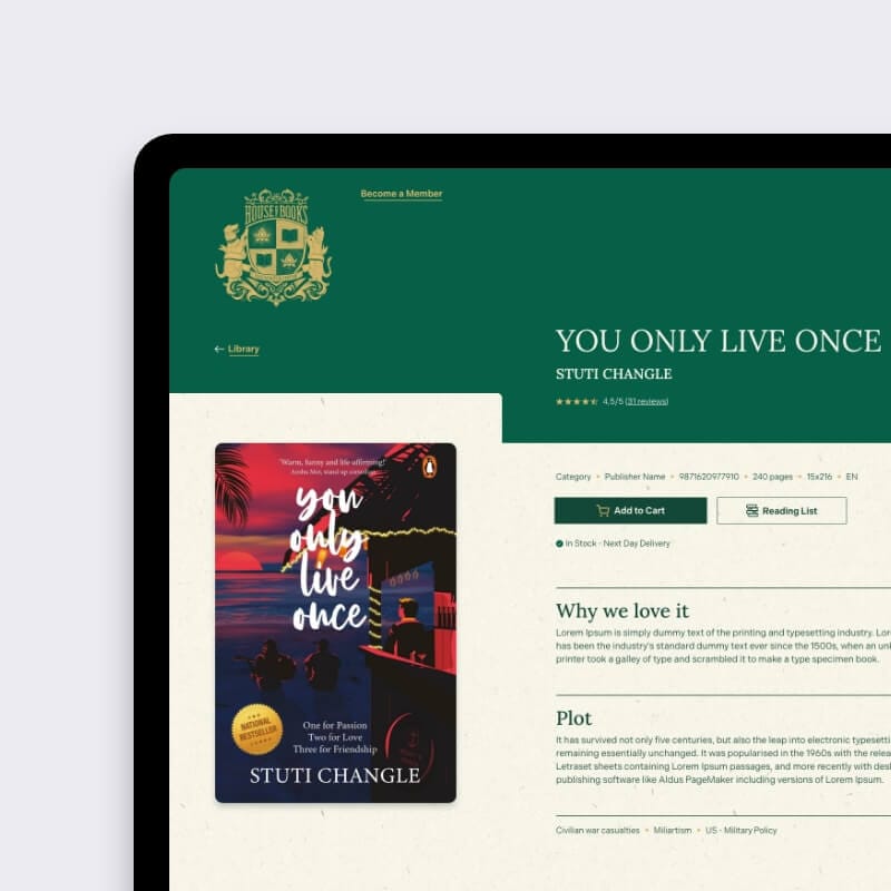 Tablet product-detail page for the novel “You Only Live Once” on the House of Books website