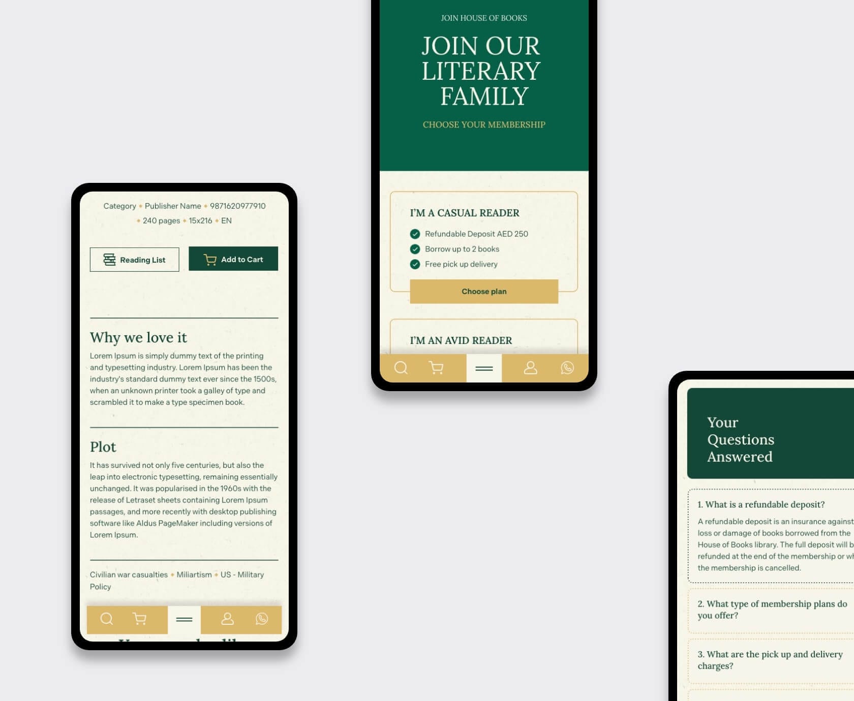 Three mobile screens showing membership plan selection and book details on House of Books