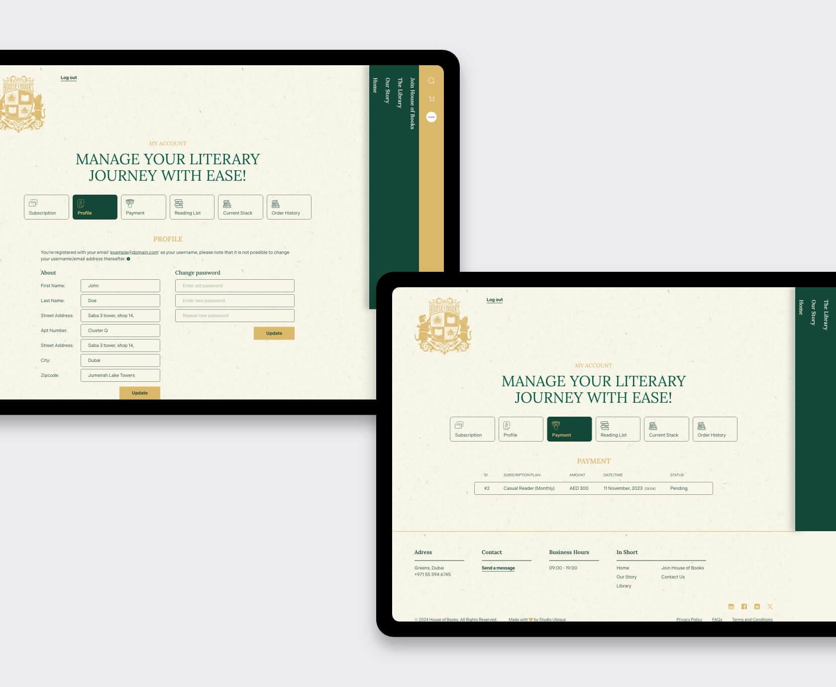Dual tablet views of the House of Books account dashboard for profile and payments