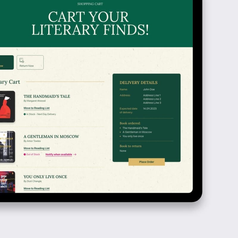 Tablet shopping-cart page with delivery details and order list on House of Books