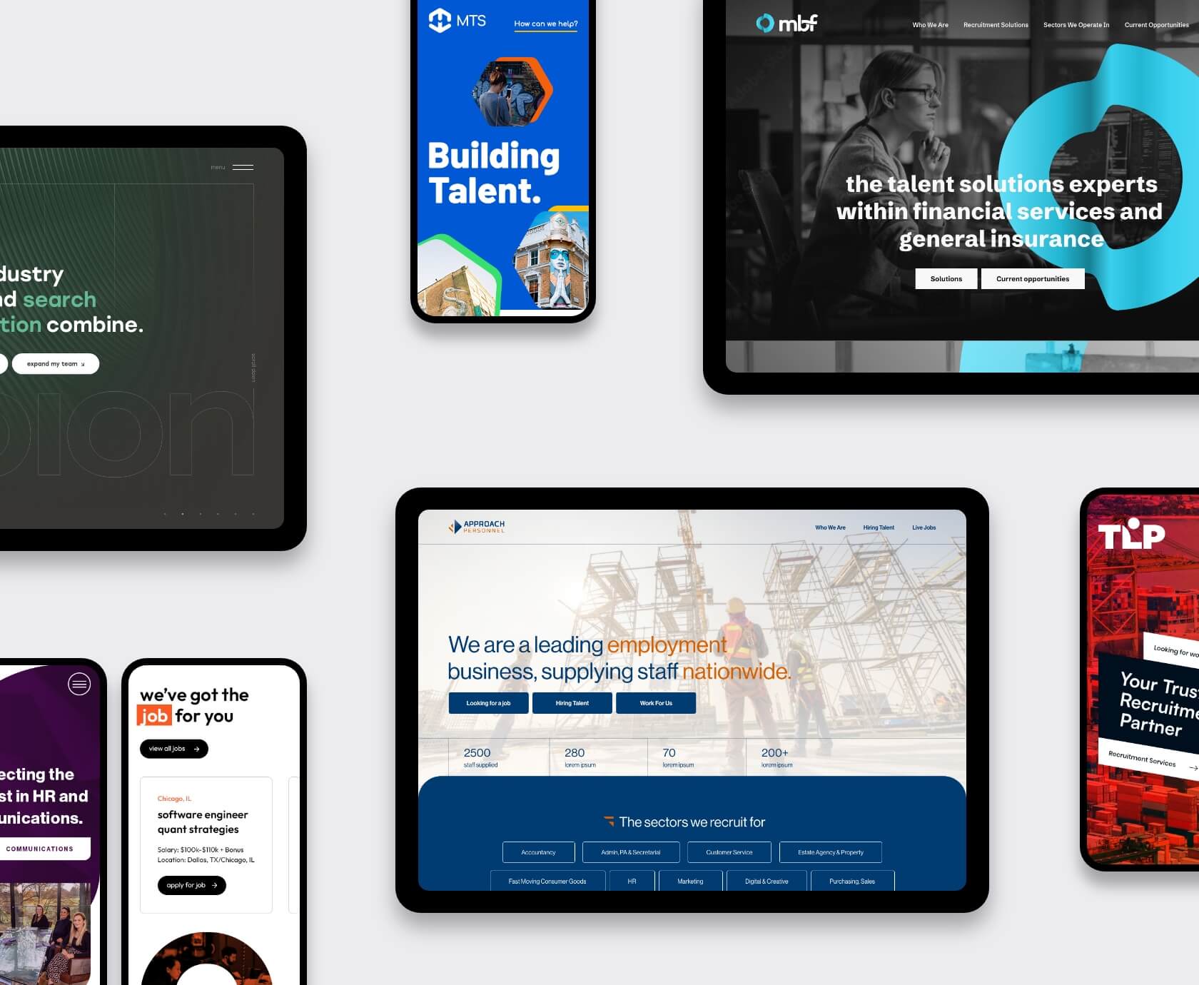 Collage of desktop and mobile mock-ups of WordPress recruitment websites