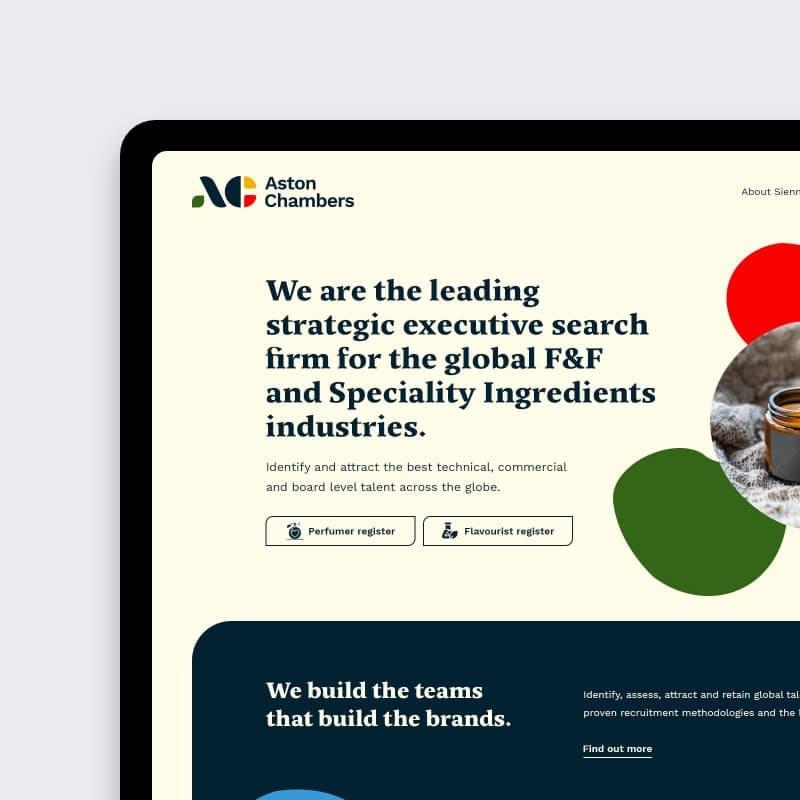Tablet mock-up of Aston Chambers executive-search homepage layout