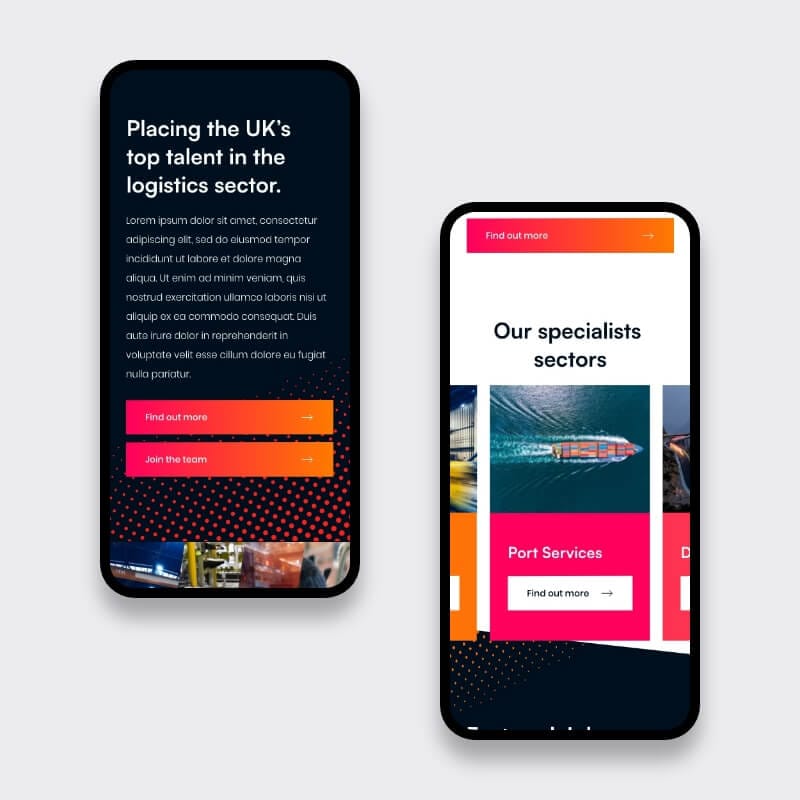 Two mobile screens showing logistics job-search sections on a recruitment site