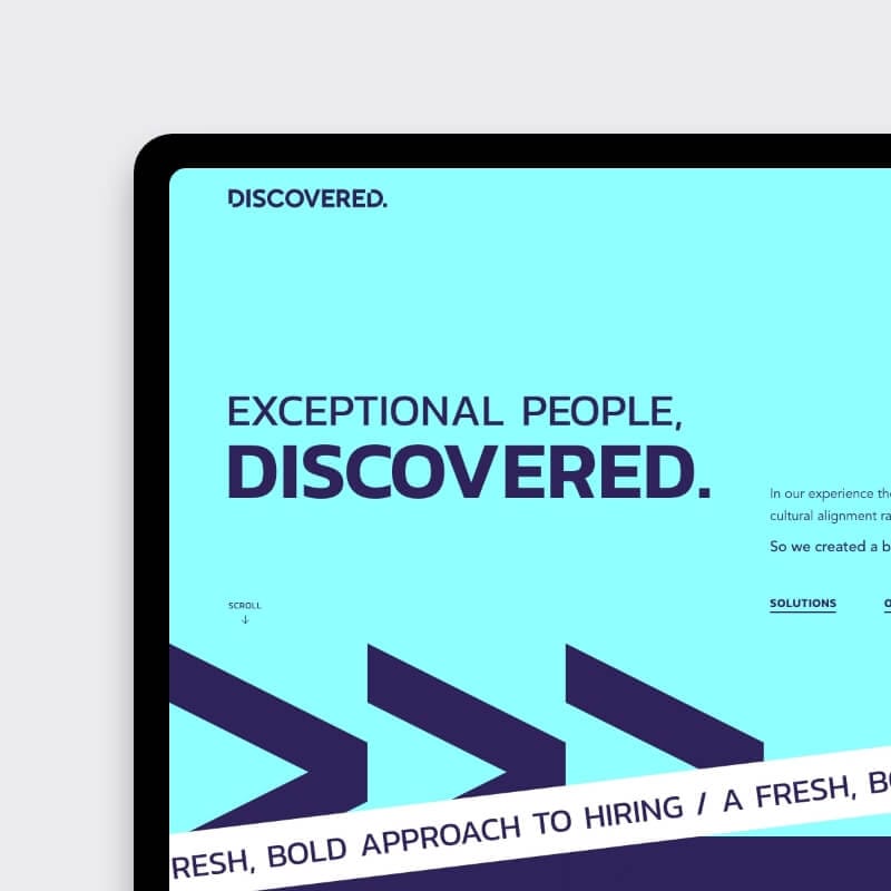 Tablet hero of Discovered recruitment website with bold turquoise headline