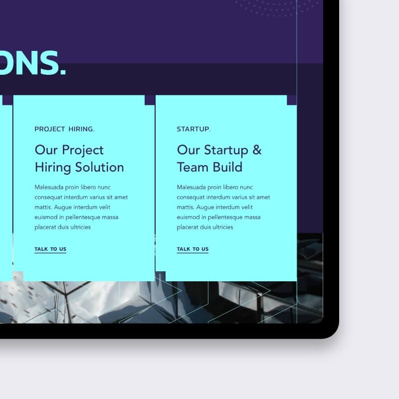 Tablet view of recruitment solutions cards on a purple website section