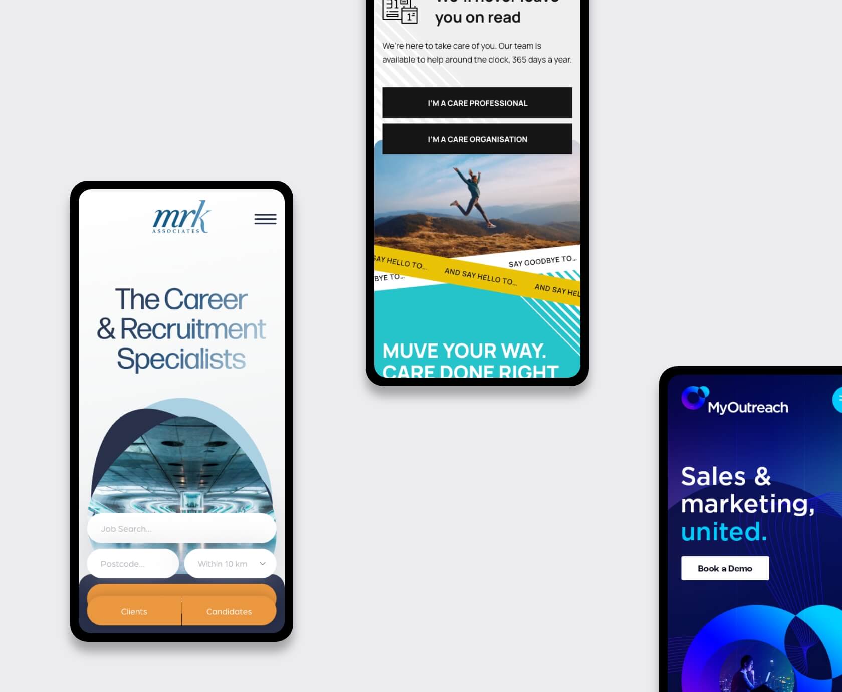 Mobile mock-ups of MRK Associates and Muve recruitment landing pages