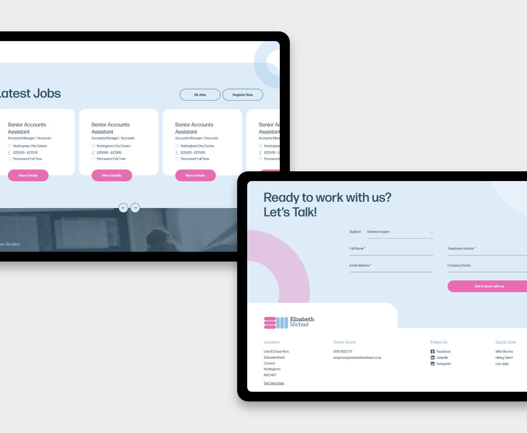 Dual tablet screens displaying latest jobs slider and contact form