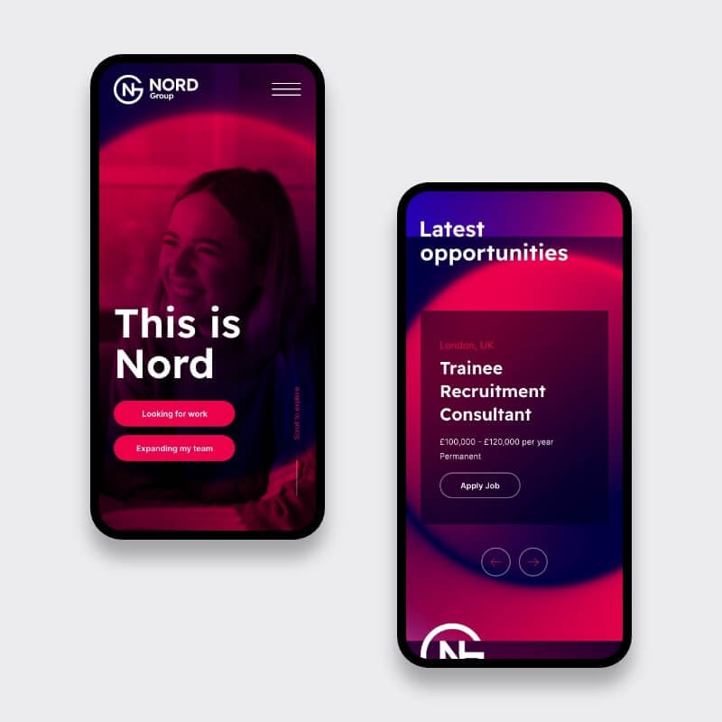 Mobile mock-ups of Nord Group site—home screen and “Latest opportunities” job card
