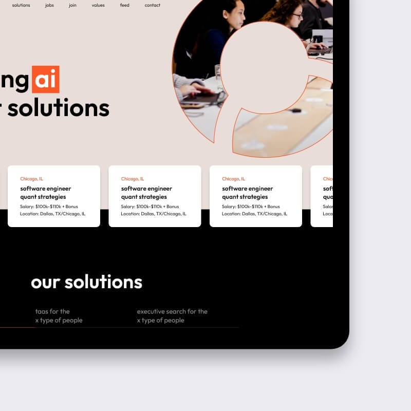Tablet screenshot of AI-focused recruitment site with circular hero image and job cards
