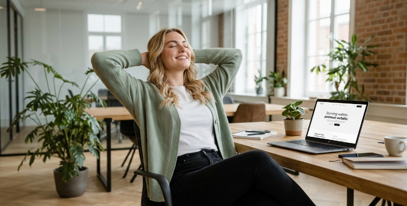 Designer leunt overdreven tevreden achterover na oplevering van website die te goed is geworden