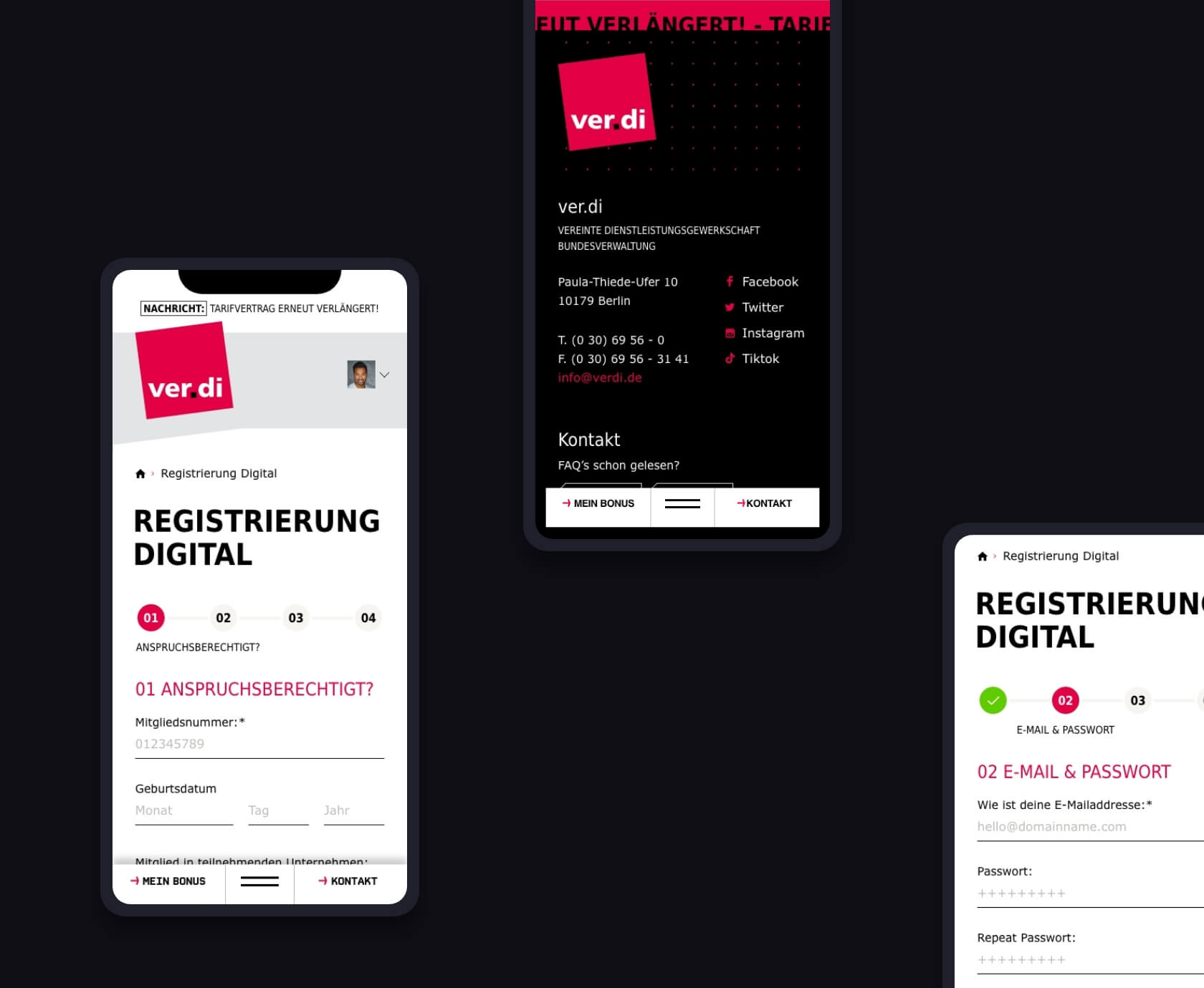 ver.di digitale registratie en footer mobiele weergave ledenportaal