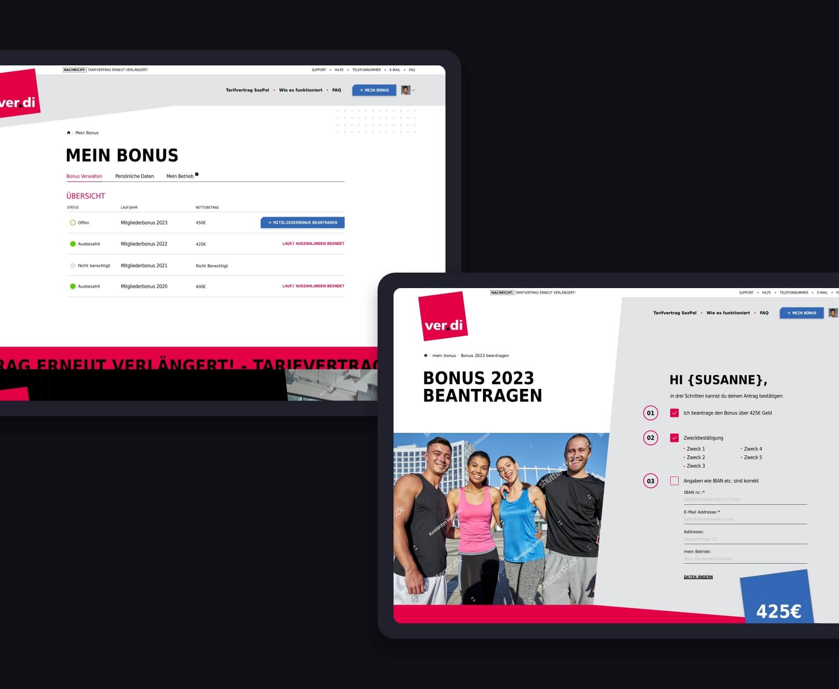 ver.di ledendashboard bonusoverzicht en aanvraag tablet