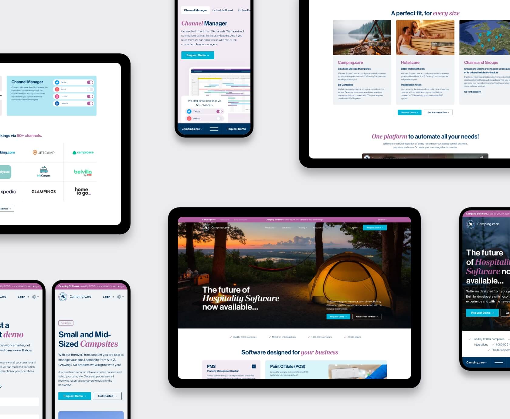 Overzicht van Camping.care website op desktop, tablet en mobiel voor reserveringssysteem voor campings