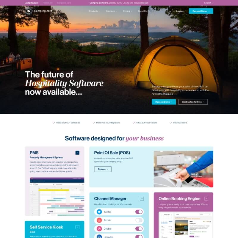 Homepage van Camping.care met modules voor reserveringssysteem voor camping