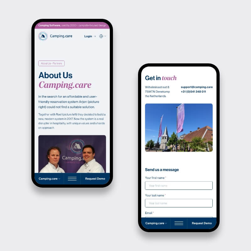 Over ons en contactpagina van Camping.care op mobiel binnen een WordPress multisite