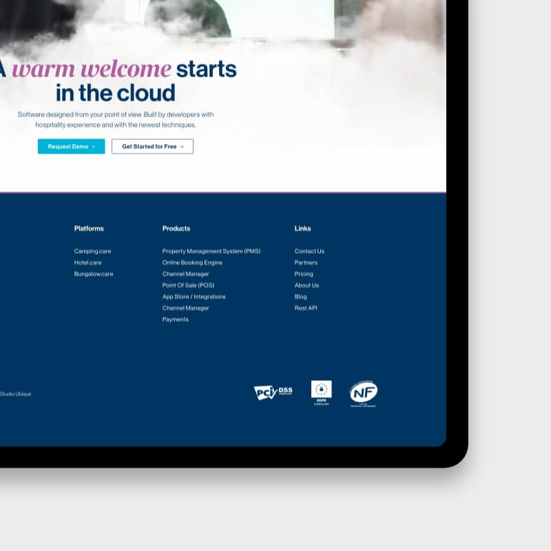 Footer en call to action van Camping.care website voor reserveringssysteem voor campings