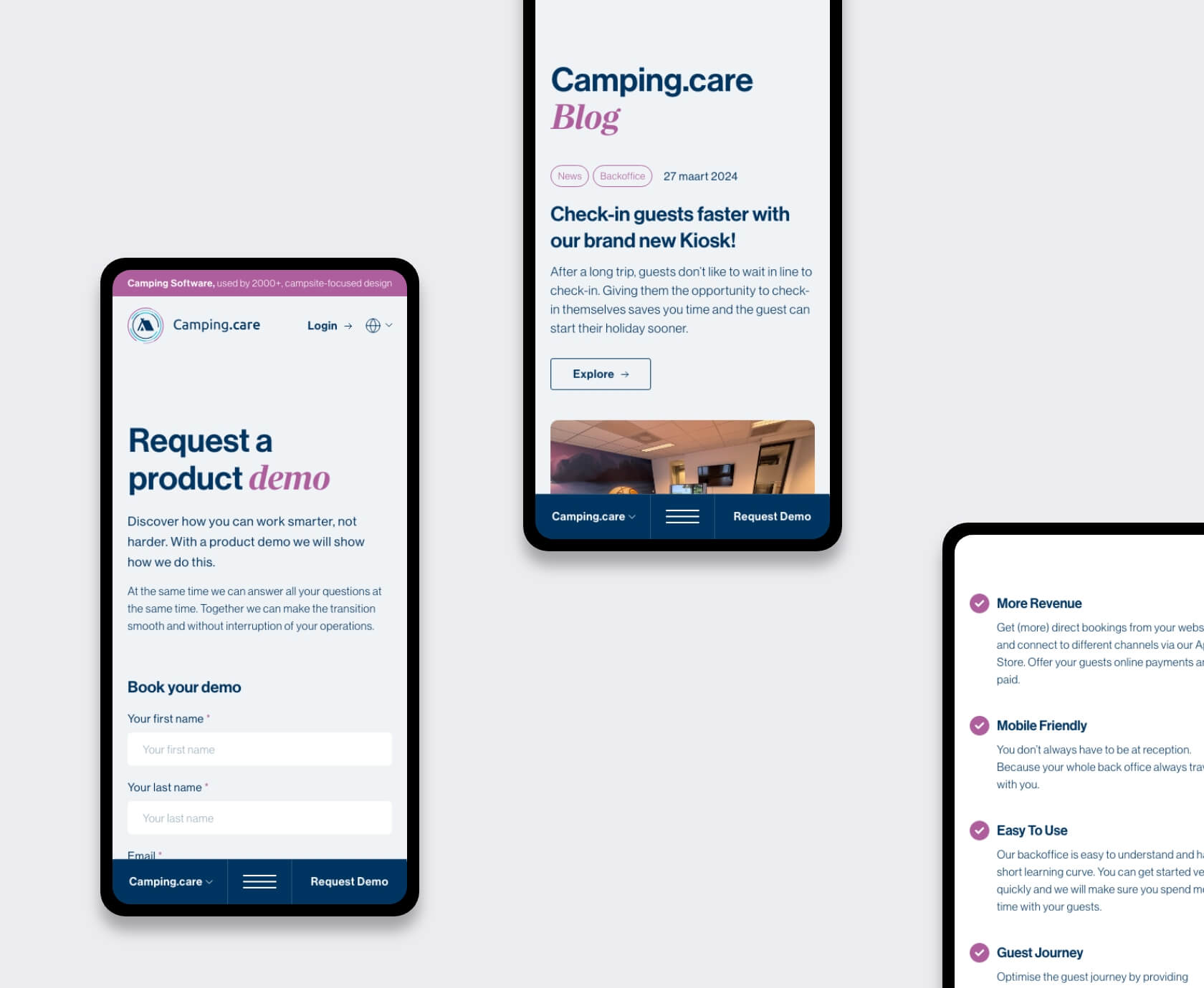 Demoformulier en blogpagina op mobiel voor reserveringssysteem voor campings