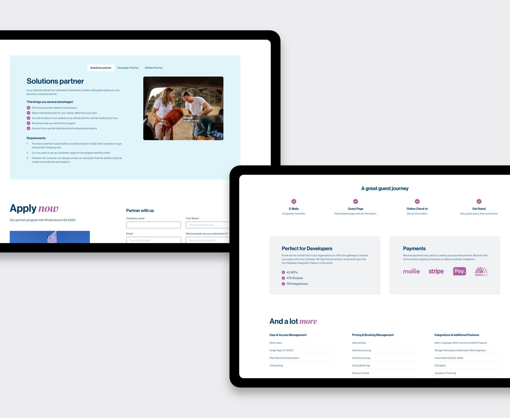 Partnerpagina en overzicht met functies van reserveringssysteem voor campings
