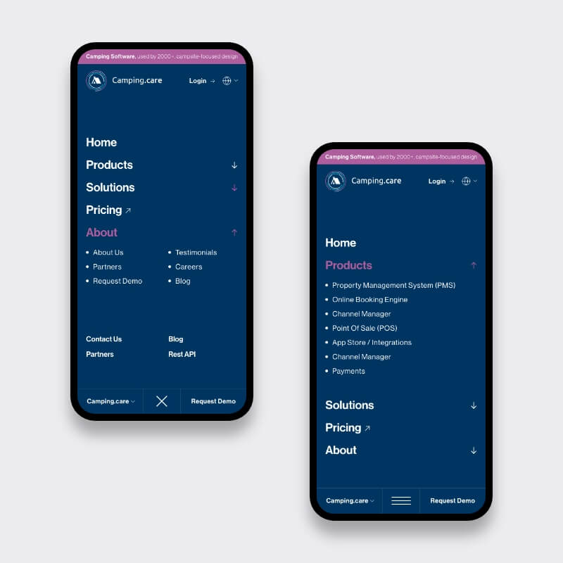 Mobiel navigatiemenu van Camping.care binnen een WordPress multisite