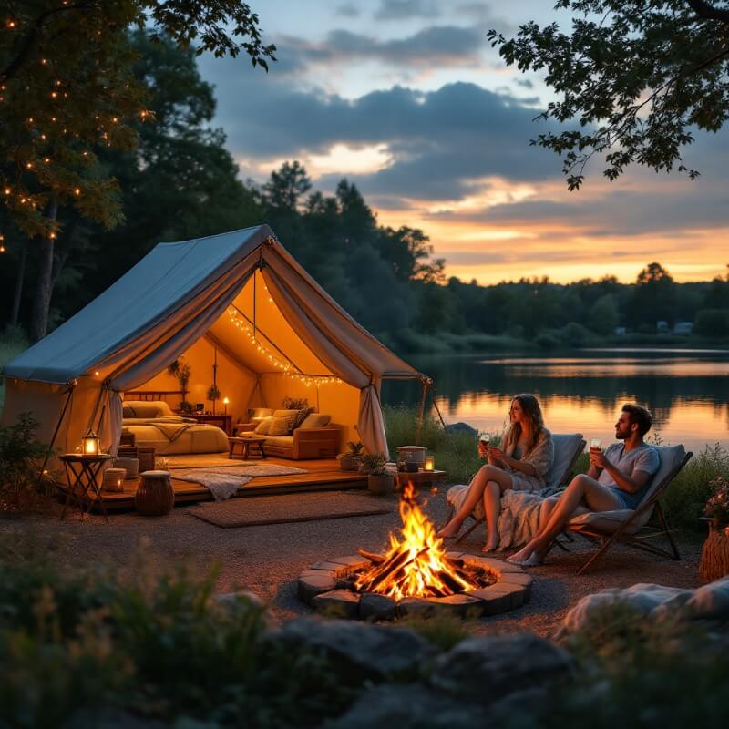 Sfeervolle campingafbeelding gebruikt op website voor reserveringssysteem voor campings