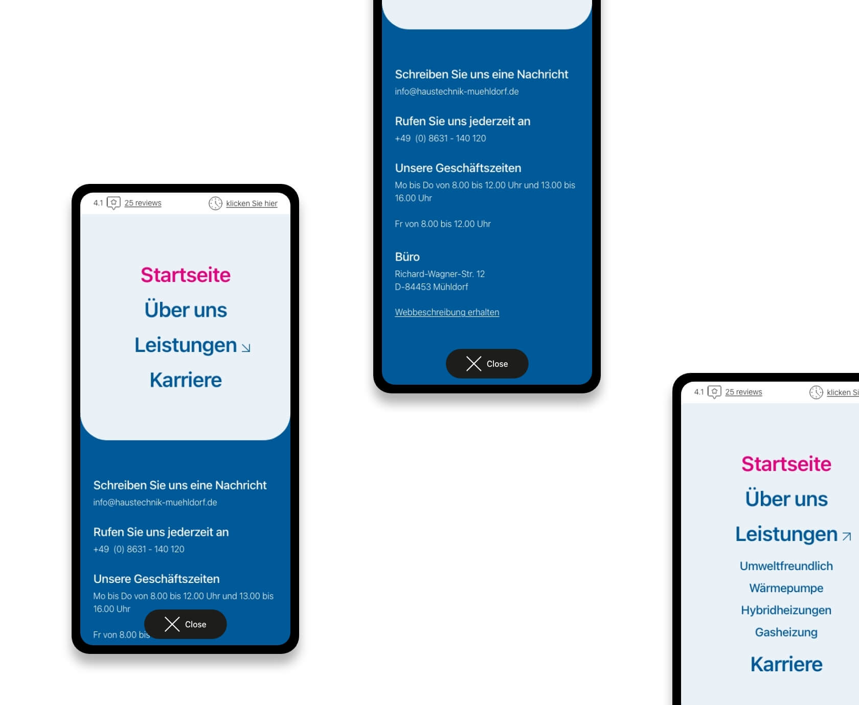 Schön & Prambs mobiel menu en contactweergave offerte aanvraag website