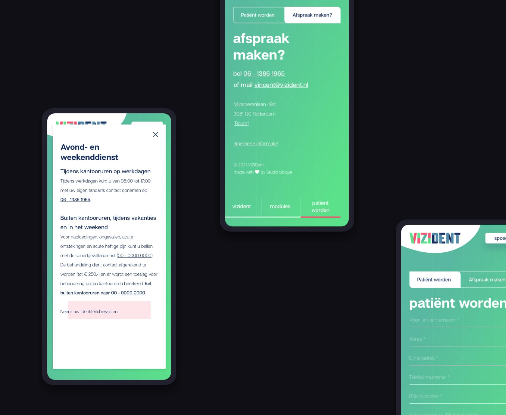 ViZiDent afspraak maken en contactpagina mobiele weergave