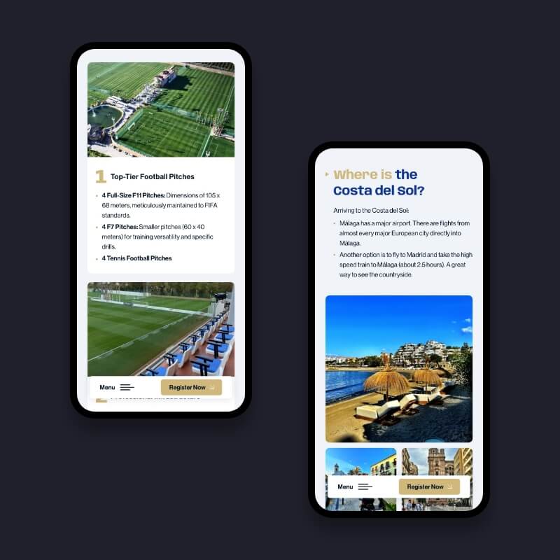 VIA Sports mobiele weergave voetbalaccommodaties en Costa del Sol