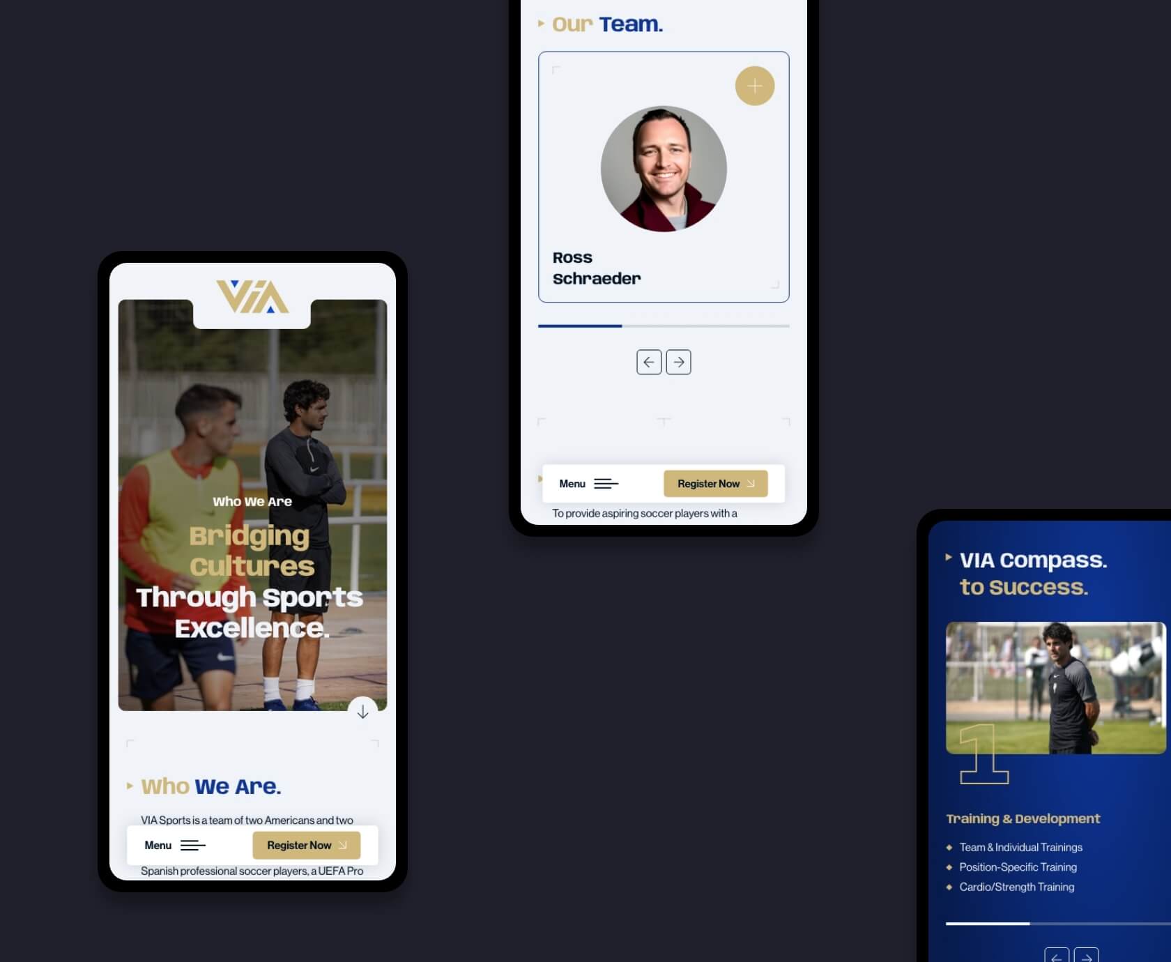 VIA Sports teamspagina en mobiele weergave sportreizen webdesign